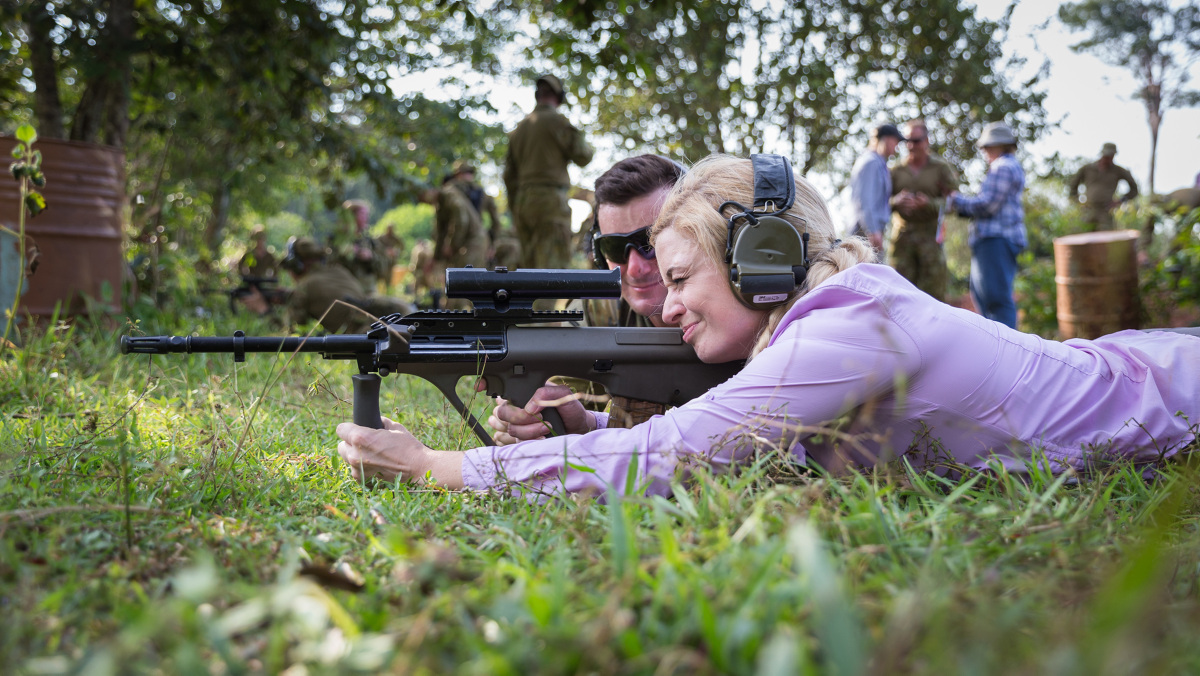 Exercise Boss Lift 2017 participant Ms Dominique Lamb, Chief Executive Officer of National Retail Association, operates an F88 Austeyr under supervision at Gurun field firing range in Malaysia on 10 January 2017. *** Local Caption *** Nineteen executives and small business owners from across the ACT, NSW and southern Queensland were loaded into the back of a C17 Globemaster III and dropped onto Malaysias Butterworth Air Force Base on Monday 9 January as part of Exercise Boss Lift 2017 to experience the training their civilian employees undertake in the Army Reserve. Currently over 100 Australian Army Reserve soldiers are in Malaysia for three months of intensive training and activities supporting Australian Defence engagement in South East Asia. Their civilian employers range from real estate agents and tradesmen to senior public servants.  Exercise Boss Lift participants will gain a deeper understanding of the training, skills and capabilities that Reservists can bring back to the civilian workforce. Recognising the contribution that civilian employers make, in releasing employees for training and operational service, is crucial in the Reserves ability to deliver relevant capability to Defence. For more information on the benefits available to current and future employers of Defence Reservists, visit www.defencereservesupport.gov.au or call: 1800 803 485. For information on how you can get involved in the Australian Army Reserve at your local depot, visit www.defencejobs.gov.au or phone: 131901
